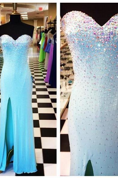 2016 Turquoise Mermaid Satin Prom Dresses Beaded Crystals Side Slit Evening Party Dresses Gowns Vestidos