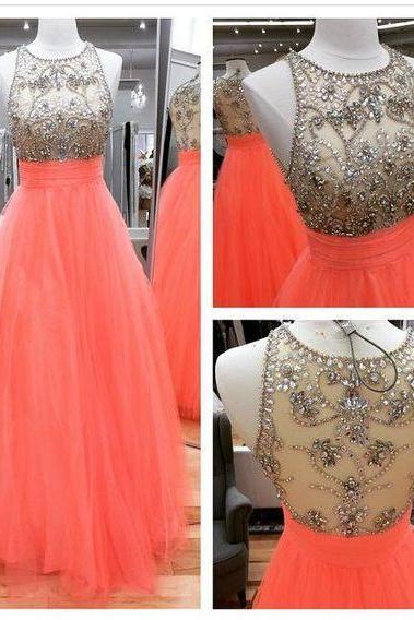 2016 Coral A Line Tulle Prom Dresses Beaded Crystals Evening Formal Party Gowns Vestidos