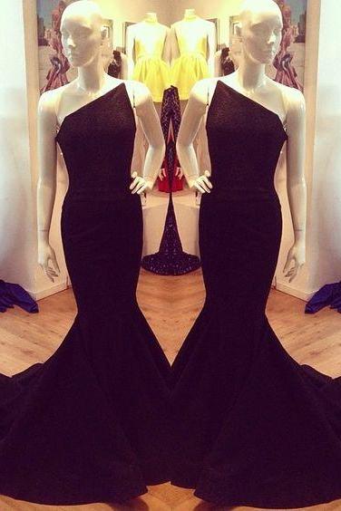 2020 One Shoulder Black Mermaid Lycra Prom Dresses Sleeveless Formal Evening Party Gowns Vestidos