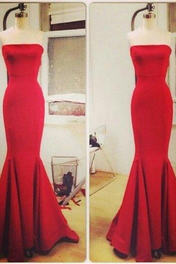 2020 Red Mermaid Prom Dresses Strapless Sleeveless Formal Evening Party Dress Gowns Vestidos
