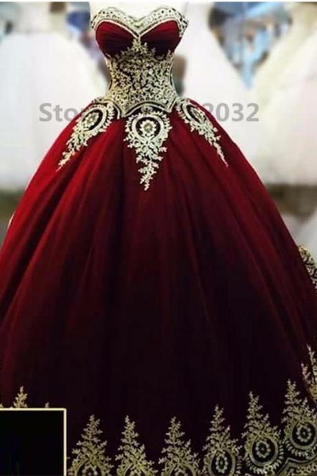Real Picture Ball Gowns Evening Dresses Dark Red with Gold Applique Lace Up Back Formal Wear Vestido De Festa Celebrity Gowns