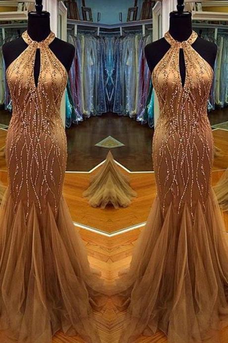 Sparkly Heavy Beads Champagne Prom Dresses 2016 Real Pic Mermaid Halter Neck Beading Prom Gowns with Keyhole Evening Gowns
