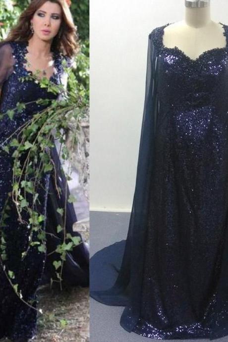Unique Off The Shoulder Tulle Sequins Appliques Prom Dress,Navy Blue A Line Evening Dress Y8377 main image 0