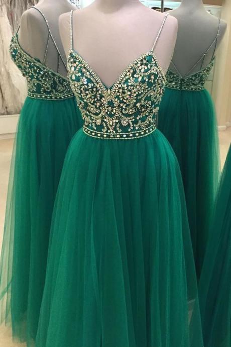 Sexy Backless Beaded Evening Prom Dresses, Long Tulle Party Prom Dress, Custom Long Prom Dresses, Cheap Formal Prom Dresses
