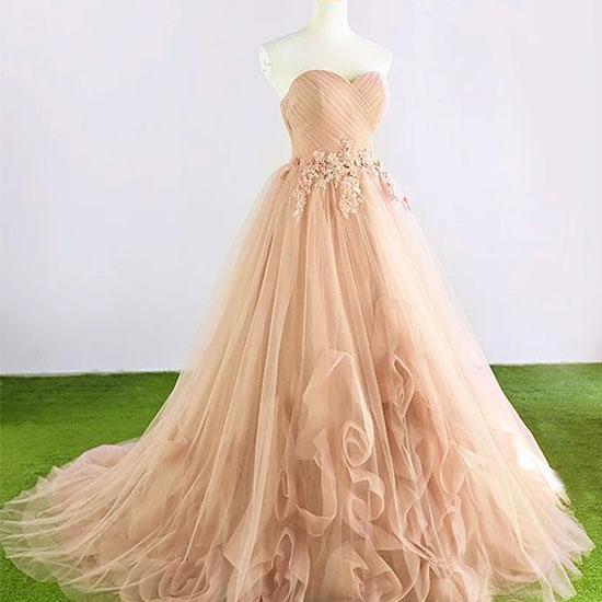Champagne Tulle Prom Dresses, Gorgeous Lace-Up Sweetheart Party Dresses, Long Prom Dresses