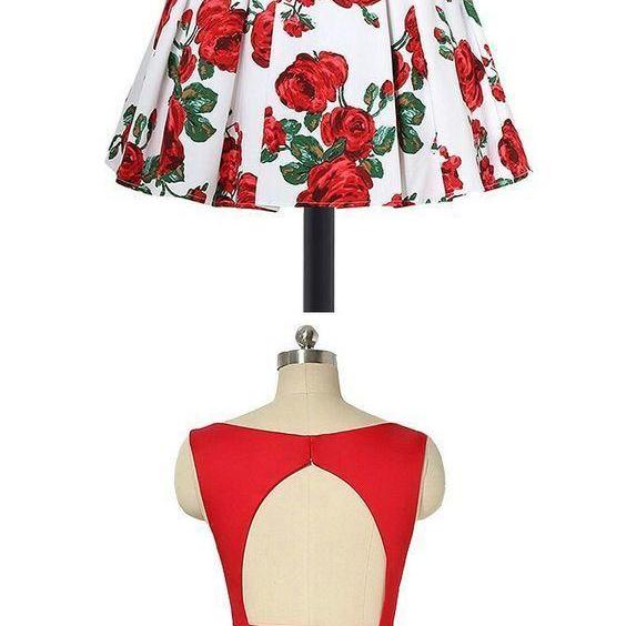 Two Pirce Bateau Knee-Length Open Back Flowers Print Red Satin Homecoming Dress