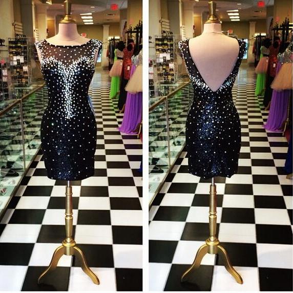 2016 Black Sheath Prom Dresses Crystals Beaded Homecoming Cocktail Party Gowns Vestidos