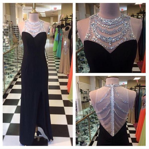 2016 Black Mermaid Satin Prom Dresses Crew Neck Beaded Crystals Sleeveless Formal Evening Party Dresses Gowns Vestidos
