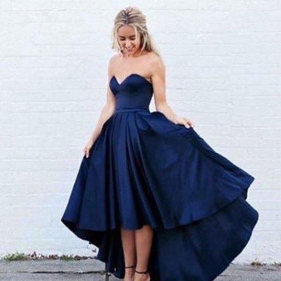 simple dark blue high-low prom dress, evening dress