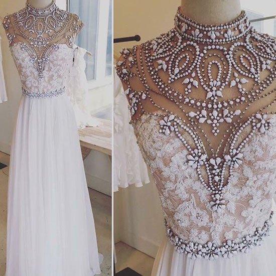 white a-line lace long prom dress, white evening dress