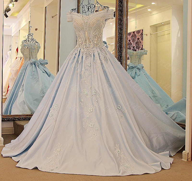 Baby Blue Ball Gown Prom Dresses Off The Shoulder Beading Crystals ...