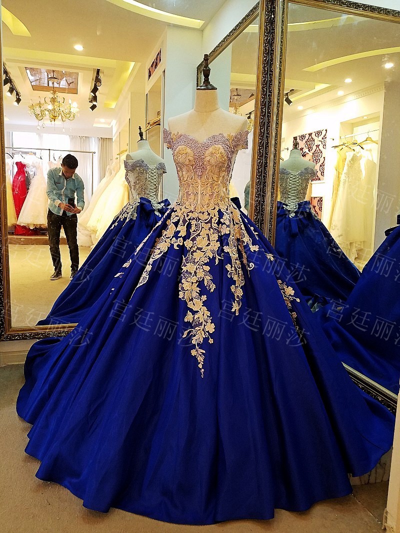 Luxury Royal Blue Ball Gown Prom Dresses Sweetheart Gld Appliques Lace ...