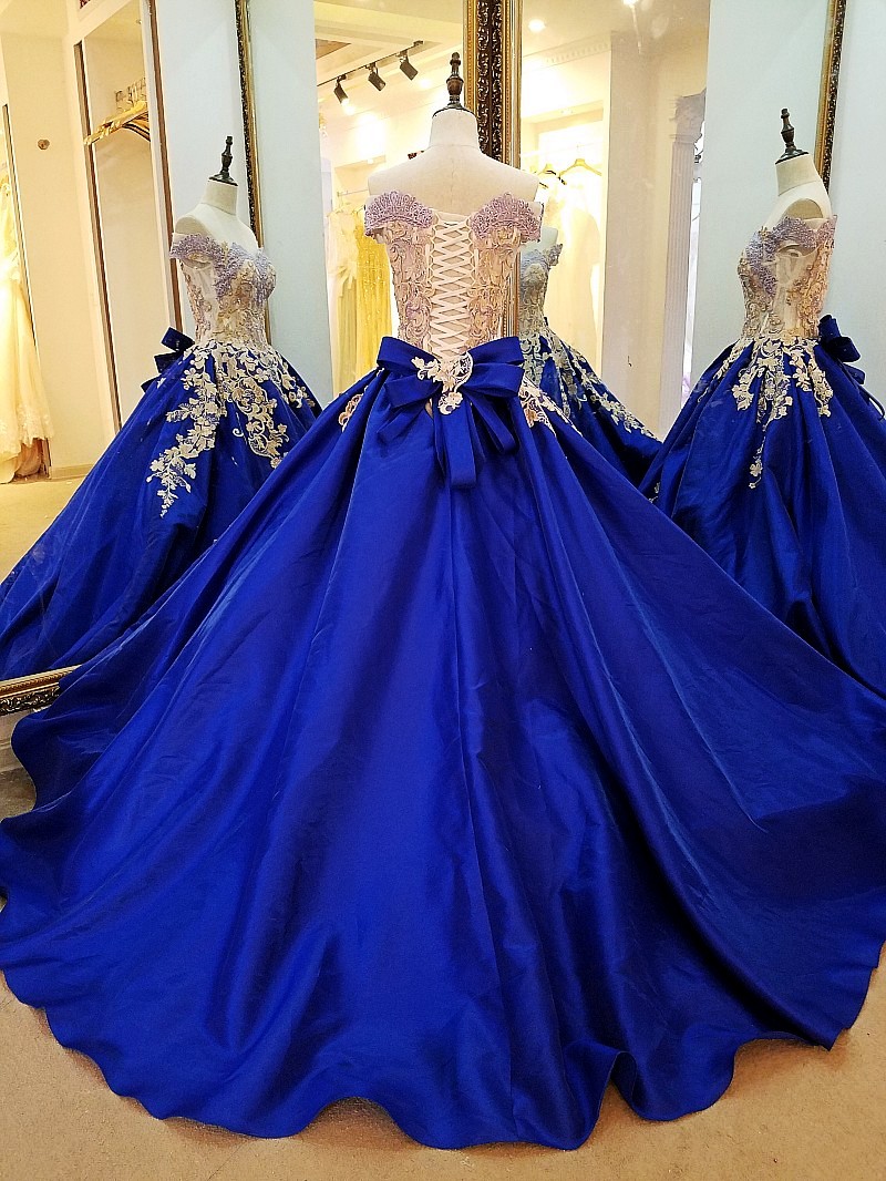 Luxury Royal Blue Ball Gown Prom Dresses Sweetheart Gld Appliques Lace ...