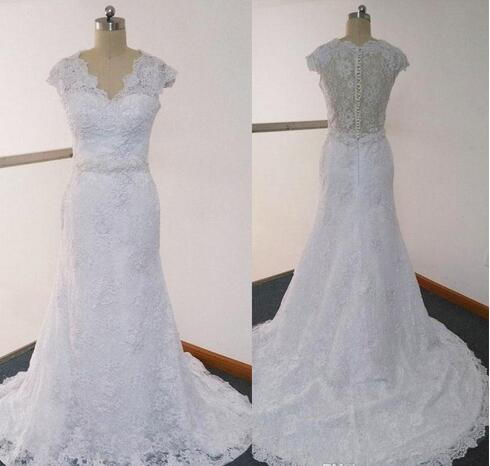 Fit N Flare Wedding Dresses Real Images Sheer V Neck Cap Sleeve